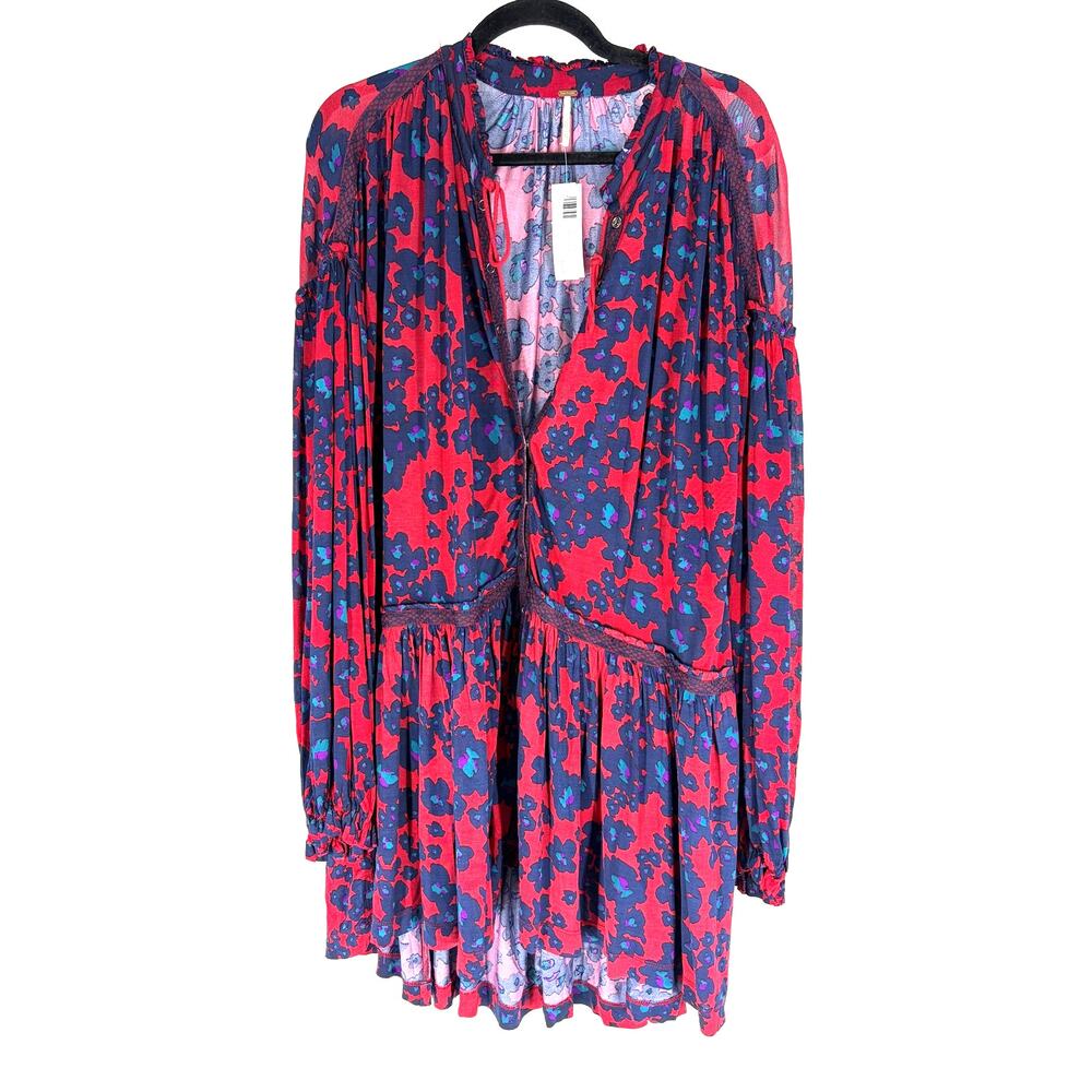 Red Free People floral sheer tunic, S